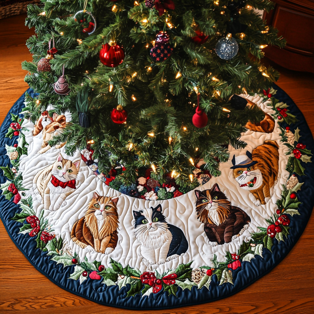 Meowy Christmas Cheer Christmas Quilted Tree Skirt-Myprintsy