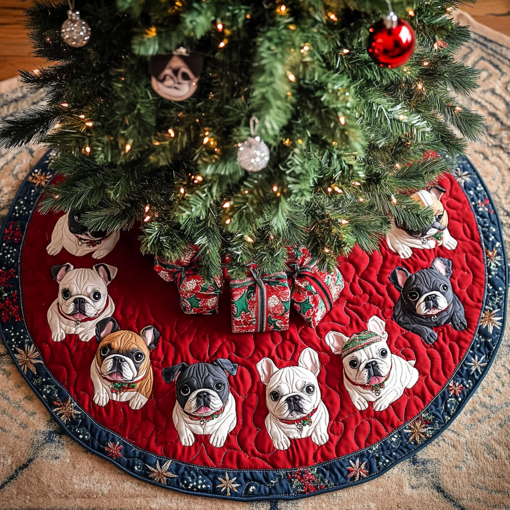 Merry French Bulldog Christmas Quilted Tree Skirt-Myprintsy