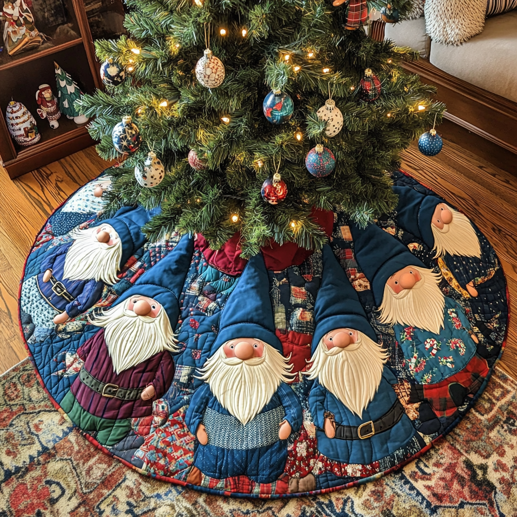Merry Gnome Gathering Christmas Quilted Tree Skirt-Myprintsy