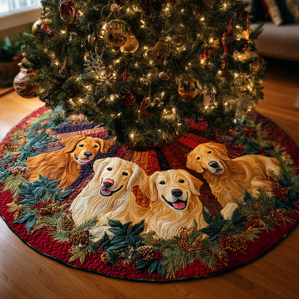 Merry Golden Retriever Quilted Christmas Tree Skirt-Myprintsy