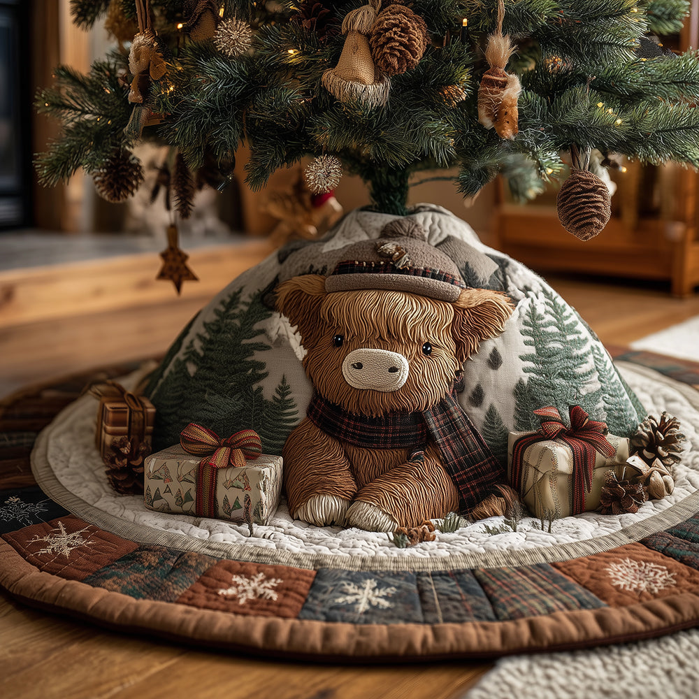 Merry Highland Cow Christmas Quilted Tree Skirt-Myprintsy
