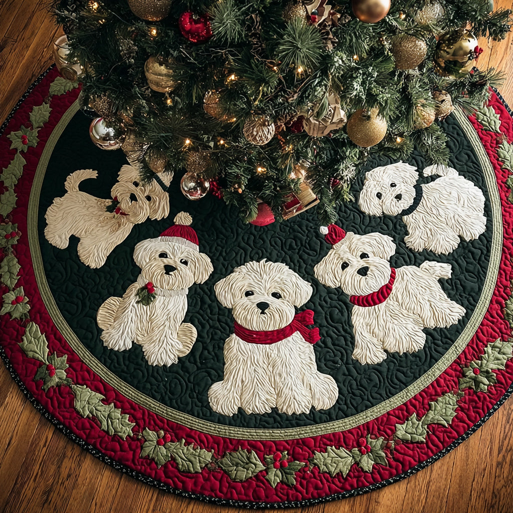 Midnight Maltese Cheer Quilted Christmas Tree Skirt HH-Myprintsy