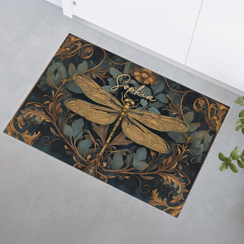 Vintage Hippie Dragonfly Patterned - Personalized Doormat