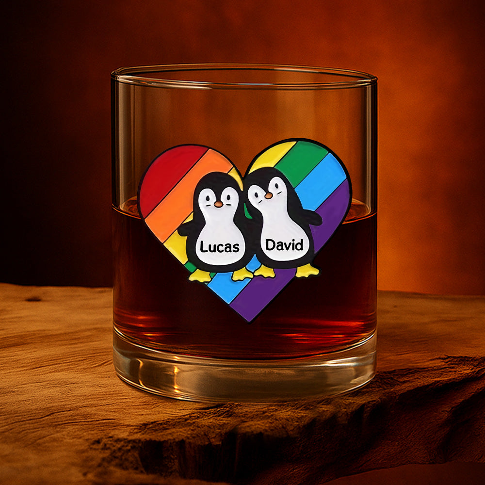 Rainbow Heart Pride Penguins - Personalized Whiskey Glass