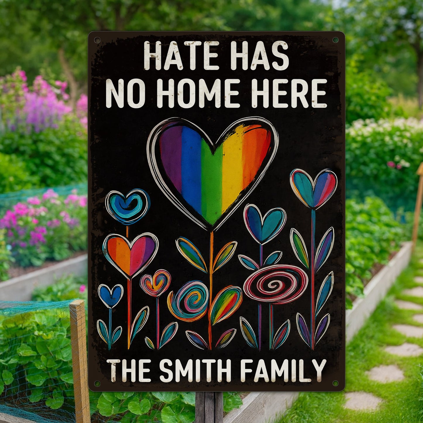 Hate Has No Home Here - Vibrant Floral - Personalized Metal Sign