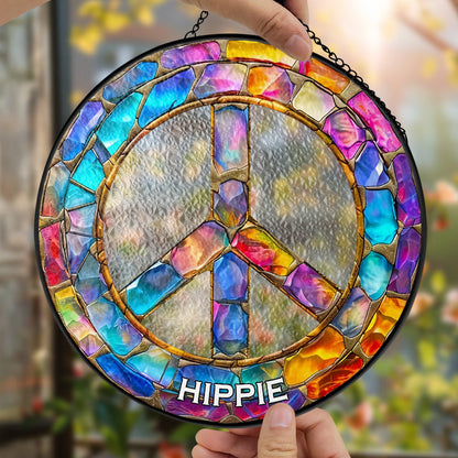 Hippie Peace Sign - Personalized Stained Glass Window Hanging Suncatcher