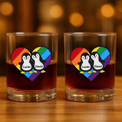 Rainbow Heart Pride Penguins - Personalized Whiskey Glass