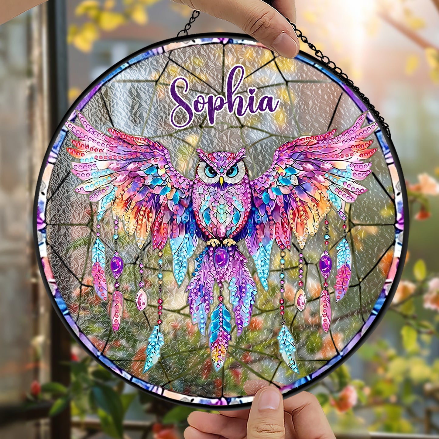 Boho-Chic Owl Dreamcatcher - Personalized Stained Glass Window Hanging Suncatcher