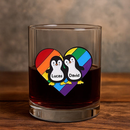 Rainbow Heart Pride Penguins - Personalized Whiskey Glass