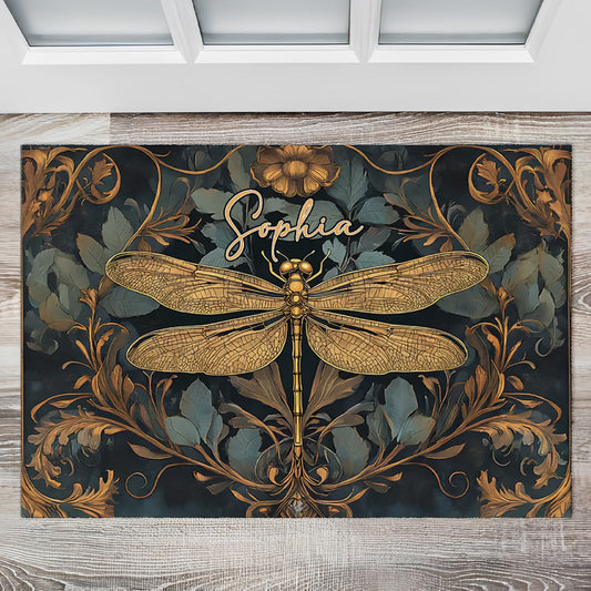 Vintage Hippie Dragonfly Patterned - Personalized Doormat