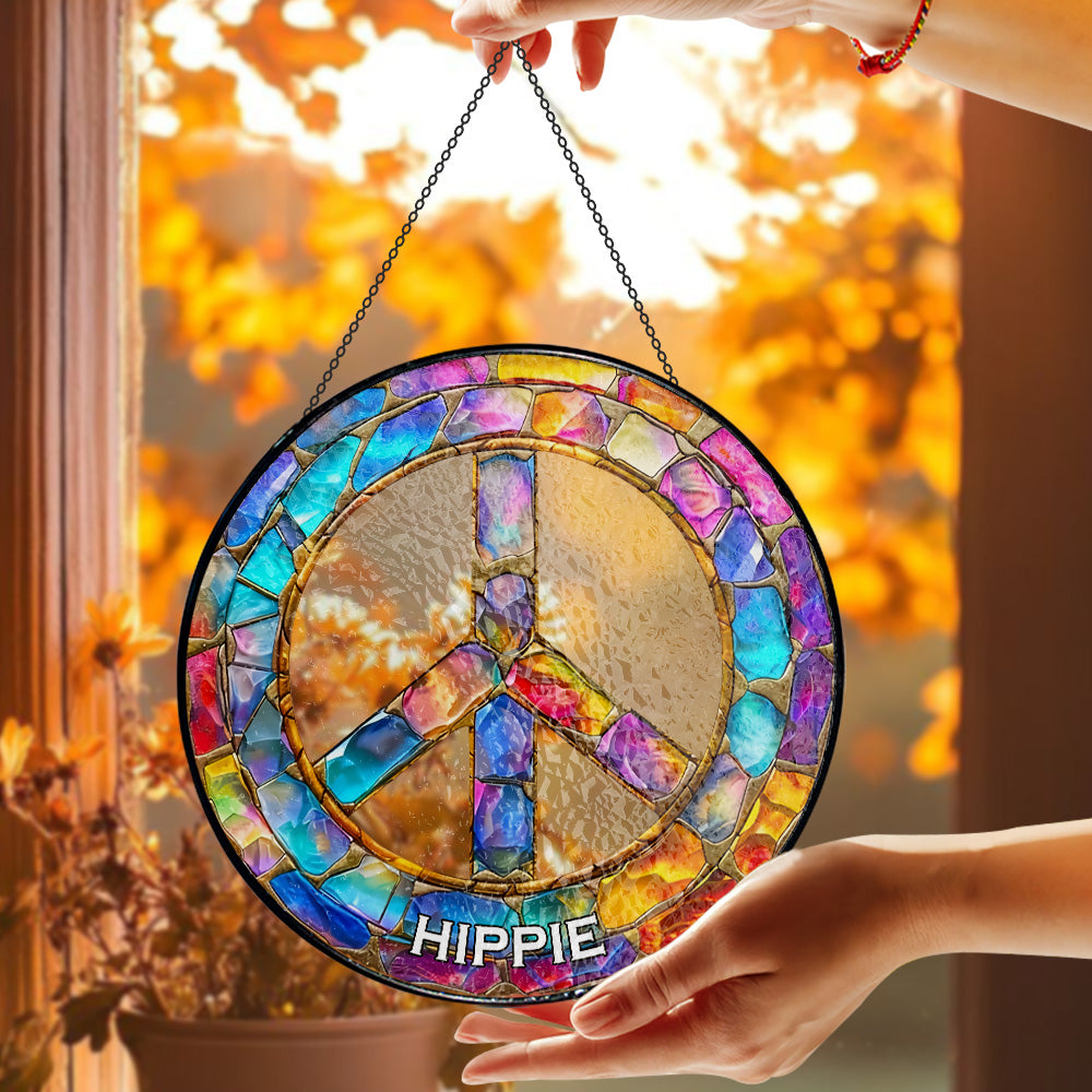 Hippie Peace Sign - Personalized Stained Glass Window Hanging Suncatcher