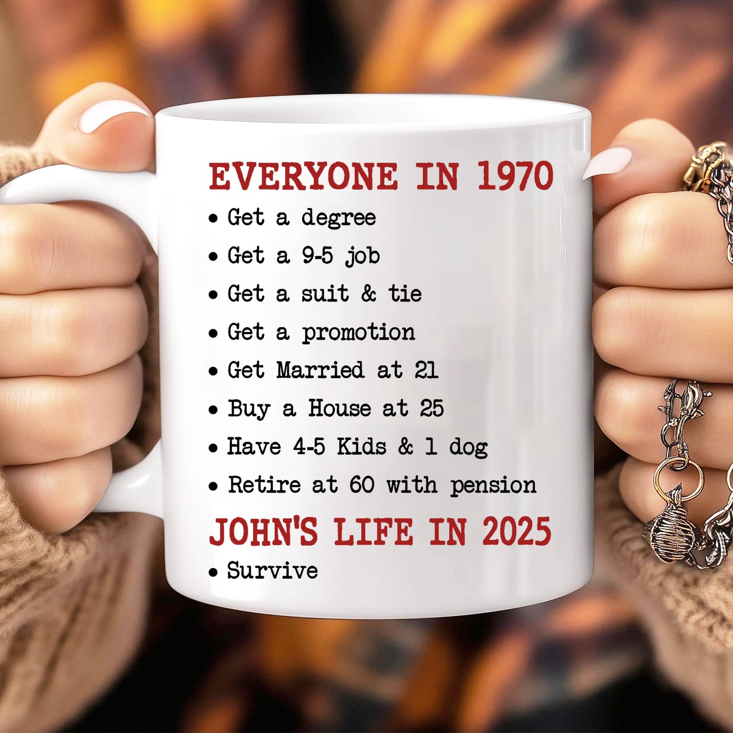 Funny 1970 vs. 2025 Mug – Life Then & Now - Personalized Mug