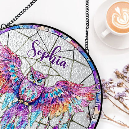 Boho-Chic Owl Dreamcatcher - Personalized Stained Glass Window Hanging Suncatcher