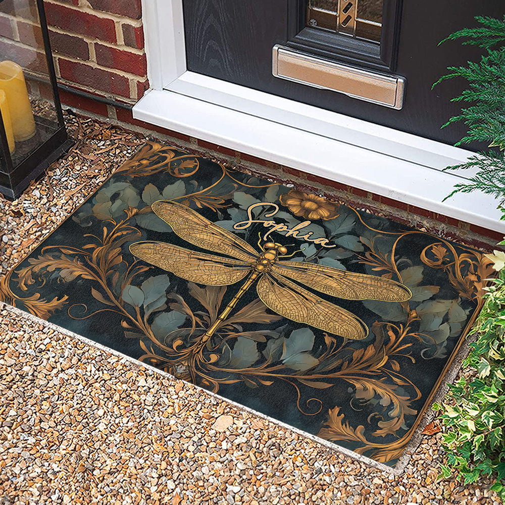 Vintage Hippie Dragonfly Patterned - Personalized Doormat