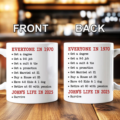 Funny 1970 vs. 2025 Mug – Life Then & Now - Personalized Mug