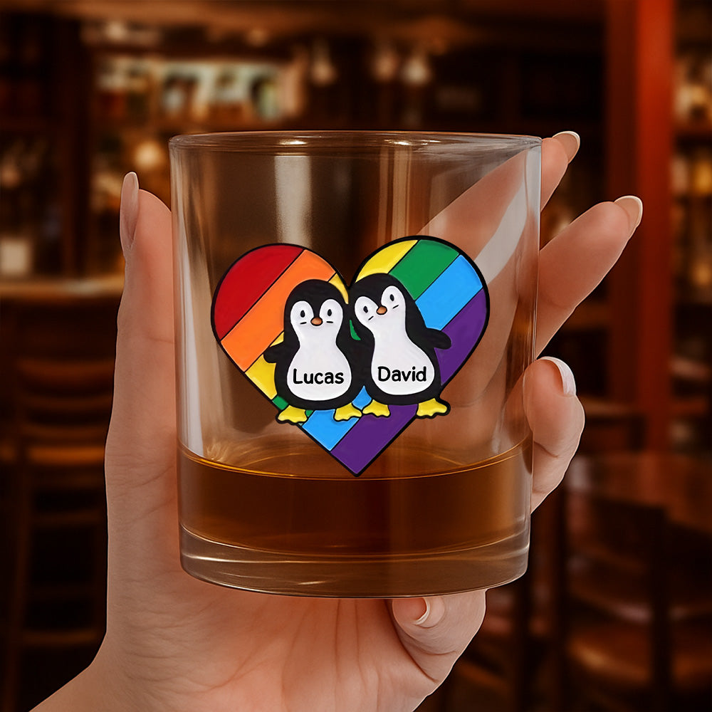 Rainbow Heart Pride Penguins - Personalized Whiskey Glass