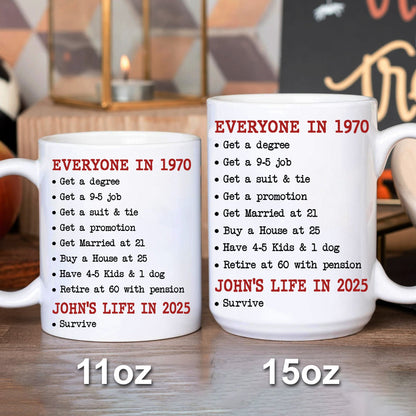 Funny 1970 vs. 2025 Mug – Life Then & Now - Personalized Mug