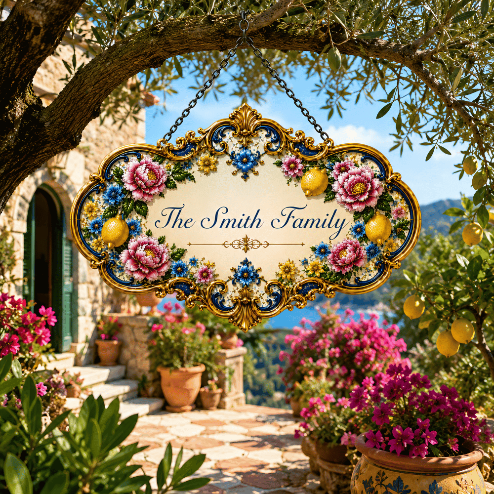 Mediterranean Style & Majolica Print Blue Lemon - Personalized Custom Shaped Metal Sign
