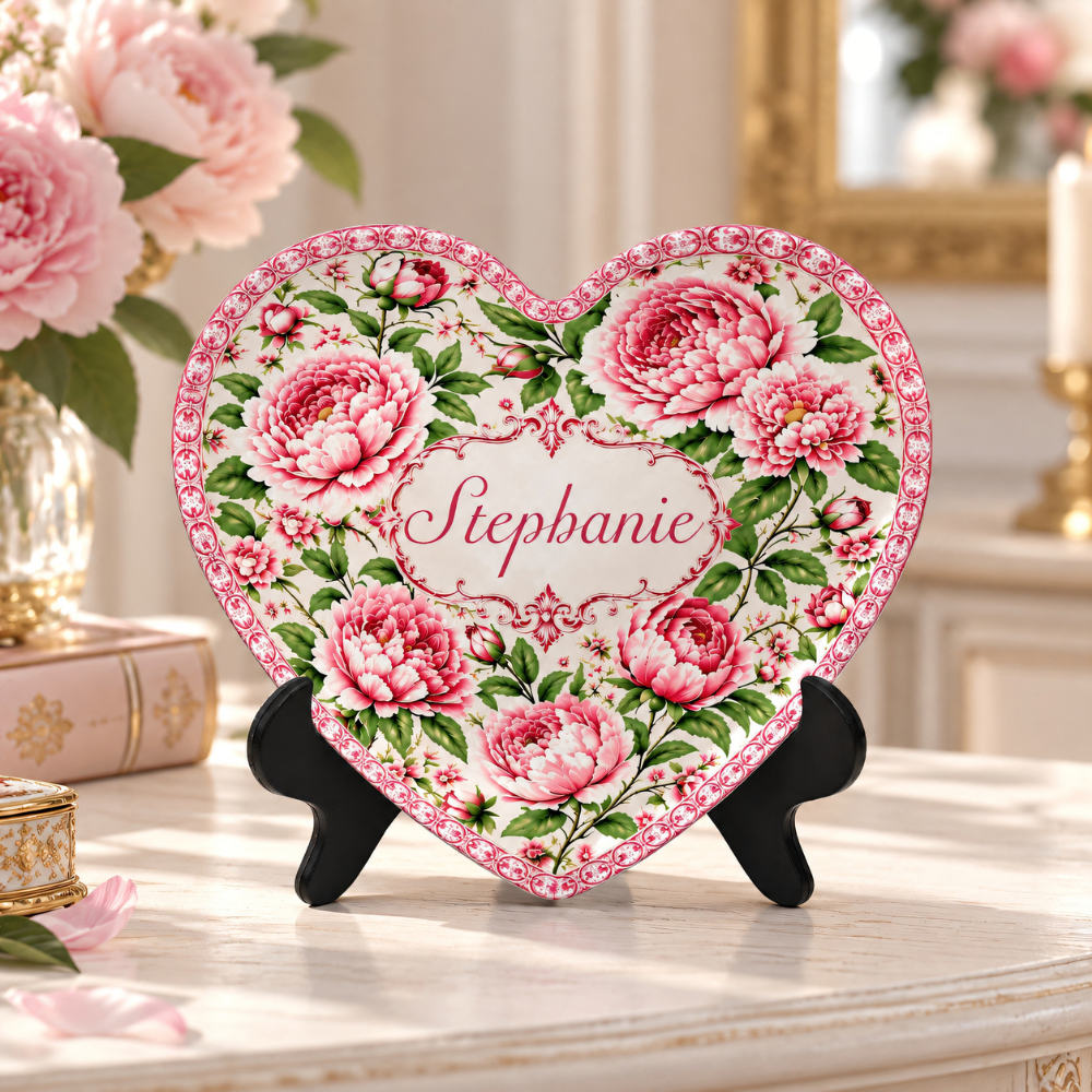 Charming Peony Paradise & Baroque Pattern - Personalized Heart Plate - Gift For Her, Bestie, Family Members