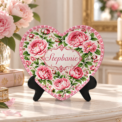 Charming Peony Paradise & Baroque Pattern - Personalized Heart Plate - Gift For Her, Bestie, Family Members