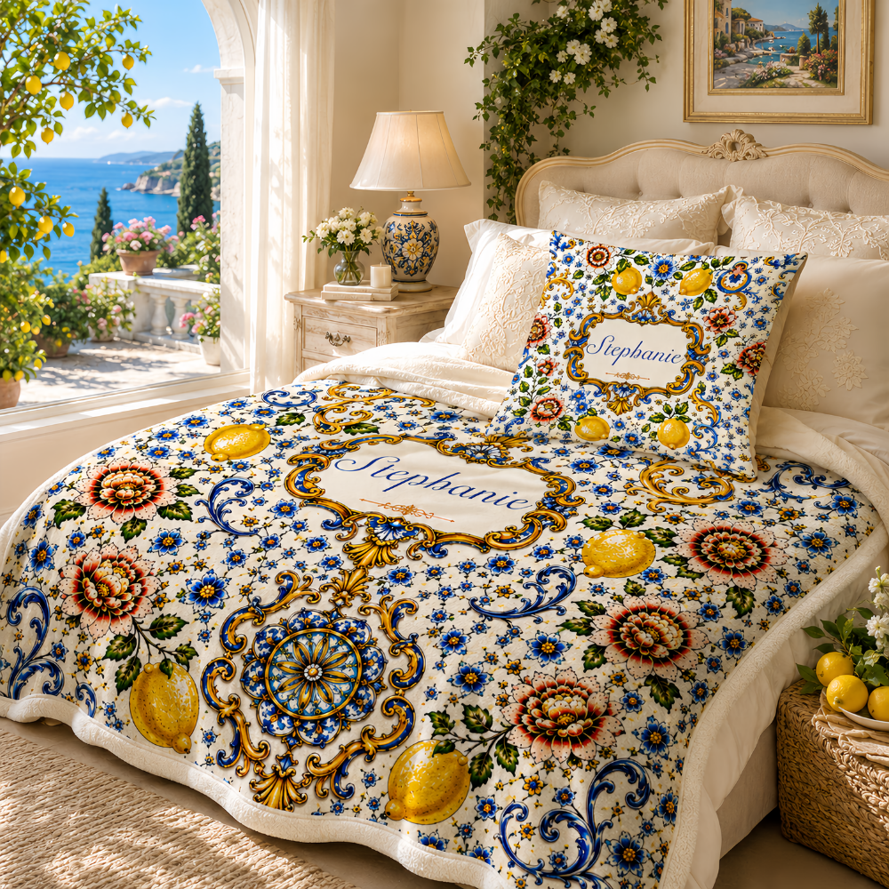 Mediterranean Style & Majolica Print Blue Lemon - Personalized Blanket