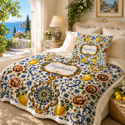 Mediterranean Style & Majolica Print Blue Lemon - Personalized Blanket