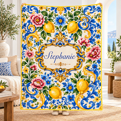 Mediterranean Style & Majolica Print Blue Lemon - Personalized Mediterranean Blanket