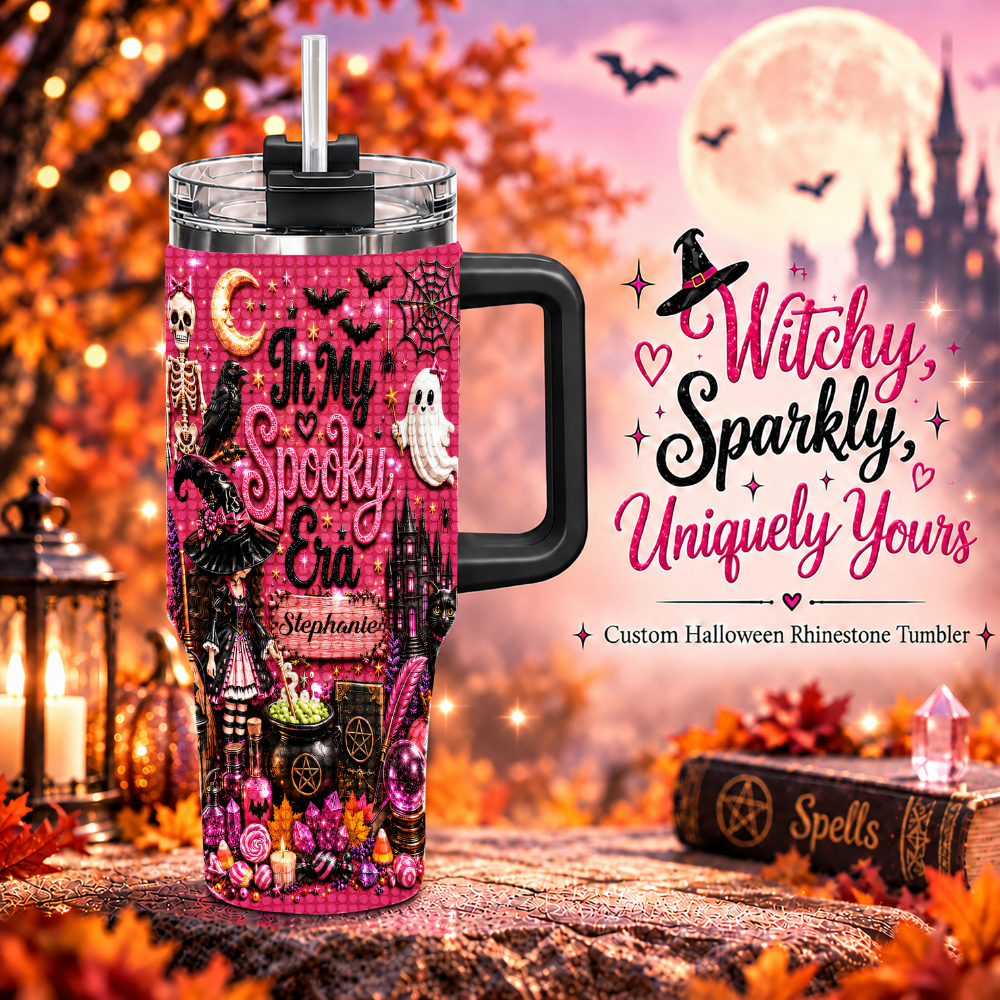 In My Spooky Era - Personalized Pink Halloween 40oz Rhinestone Tumbler With Straw