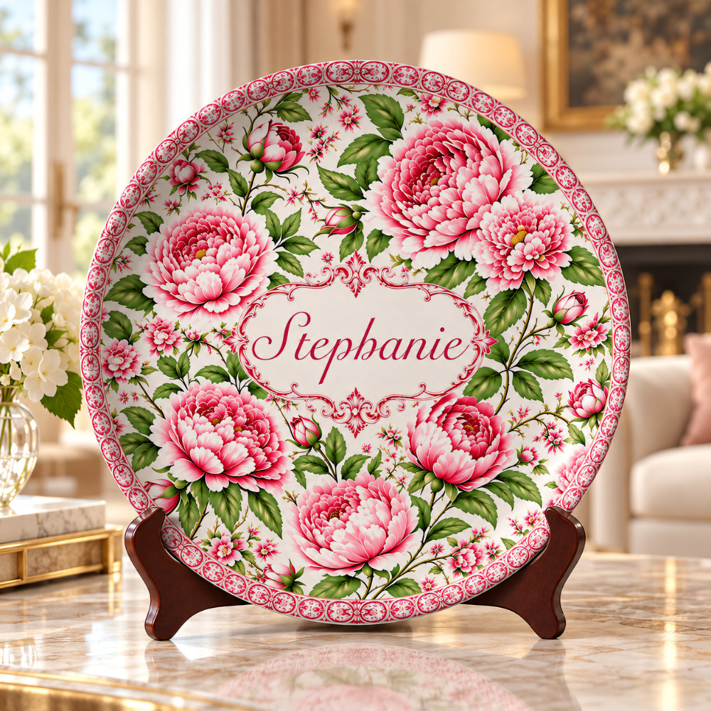 Charming Peony Paradise & Baroque Pattern - Personalized Ceramic Plate - Gift For Her, Bestie, Family Members