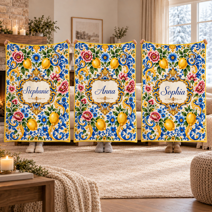 Mediterranean Style & Majolica Print Blue Lemon - Personalized Mediterranean Blanket