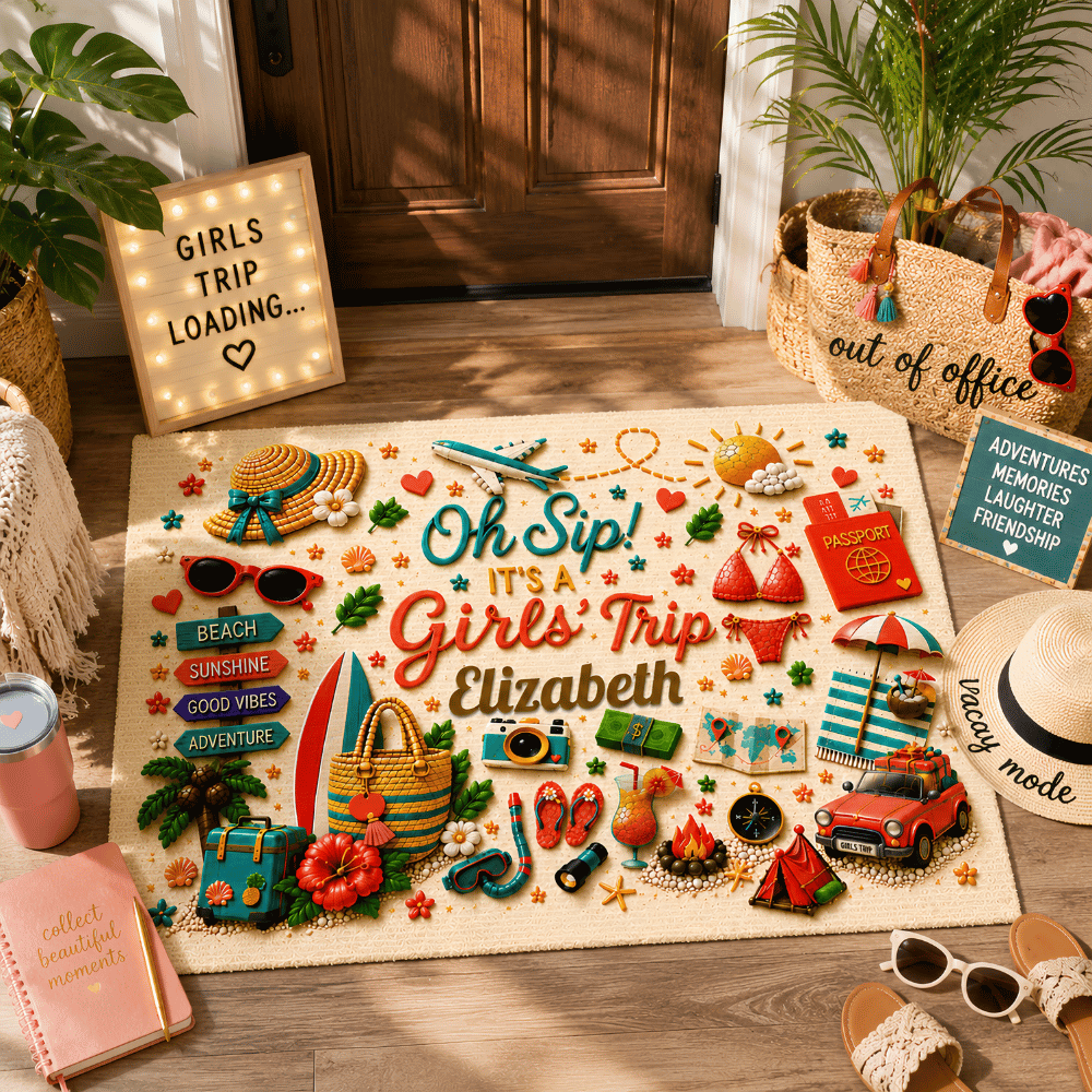 Oh Sip! It's a Girls' Trip - Personalized Girls' Trip Doormat - Gifts For Girls Trip
