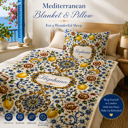 Mediterranean Style & Majolica Print Blue Lemon - Personalized Blanket