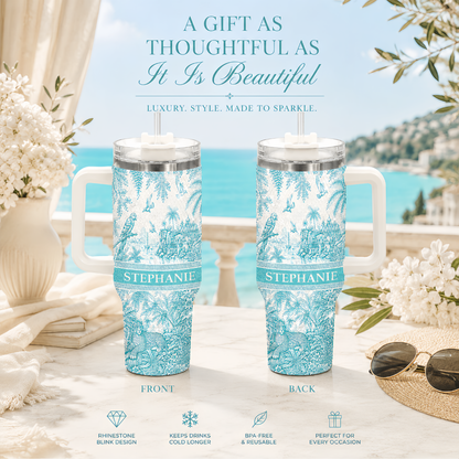 French Riviera Collection & Toile De Jouy Pattern Aquamarina - Personalized 40oz Tumbler With Straw - Travelling Tumbler