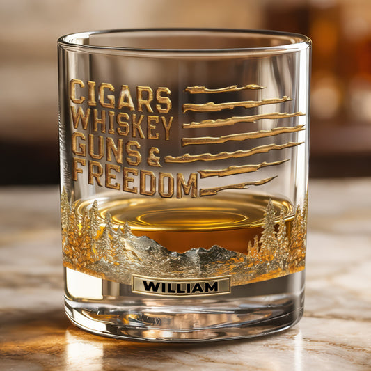 Cigars, Whiskey, Guns & Freedom - Gift For Family Members, Friends, Coworkers - Personalized Combo Whiskey Glass + Decanter