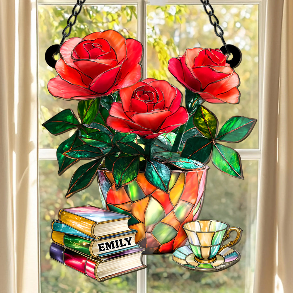 Rose, Book And Tea - Personalized Window Hanging Suncatcher