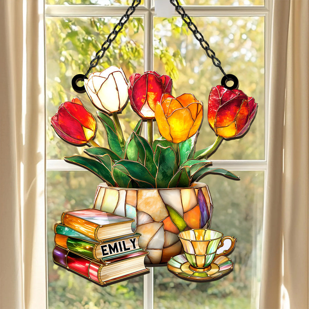Book Pile and Elegant Tea - Gift For You, Book Lovers, Family Members - Personalized Window Hanging Suncatcher