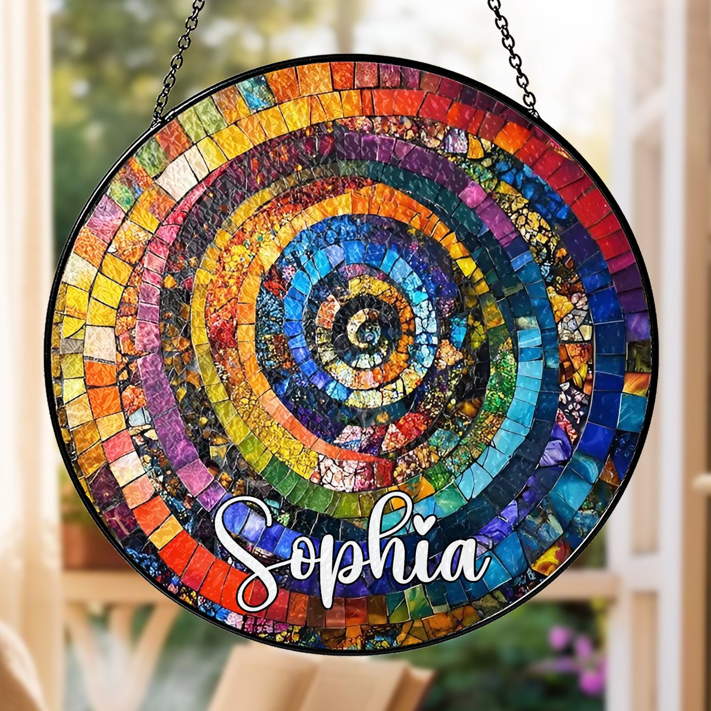 Vibrant Rainbow Spiral - Personalized Stained Glass Hanging Suncatcher