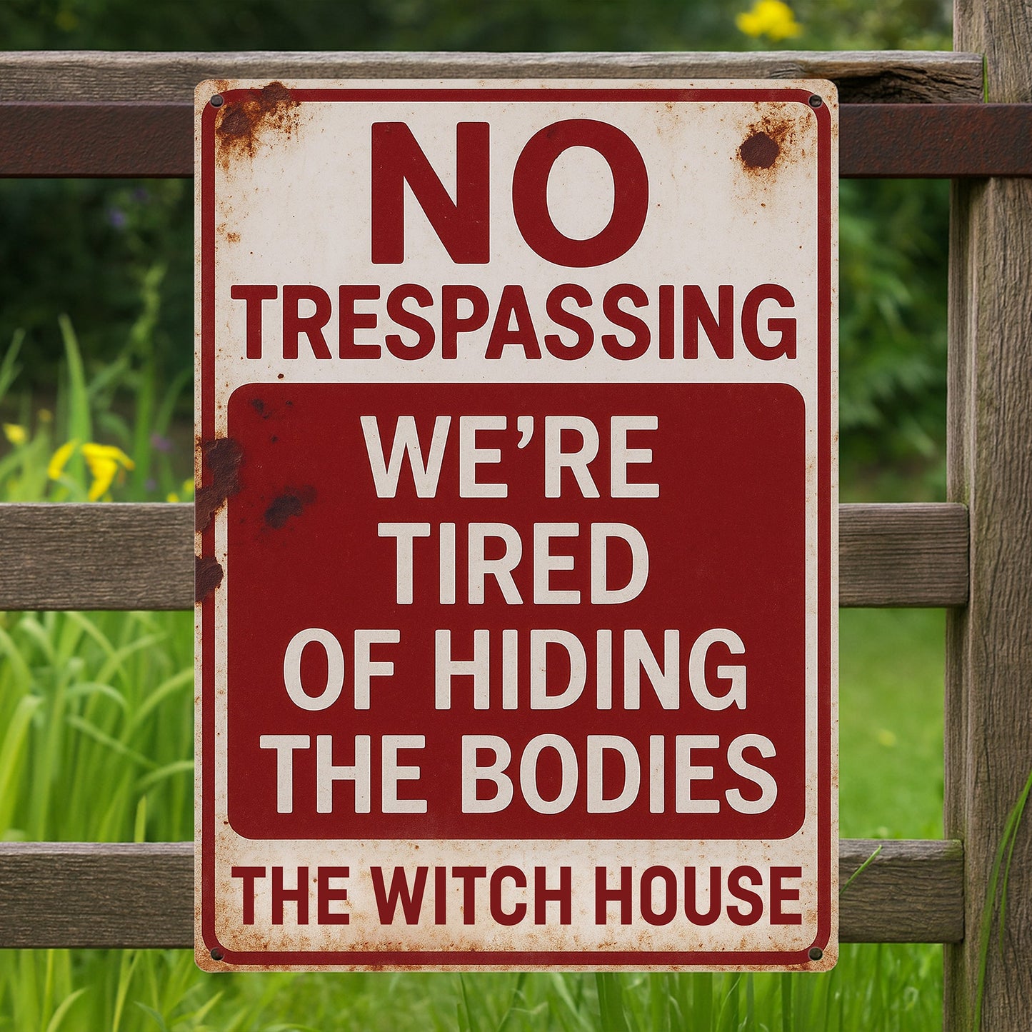 No Trespassing, We're Tired Of Hiding The Bodies - Personalized Metal Sign
