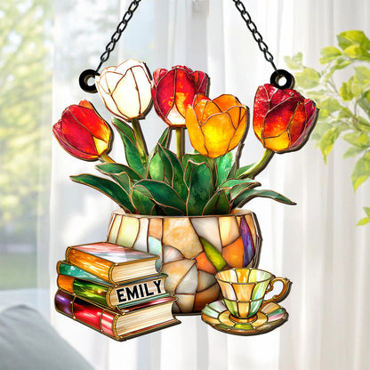 Book Pile and Elegant Tea - Gift For You, Book Lovers, Family Members - Personalized Window Hanging Suncatcher
