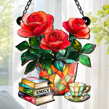 Rose, Book And Tea - Personalized Window Hanging Suncatcher