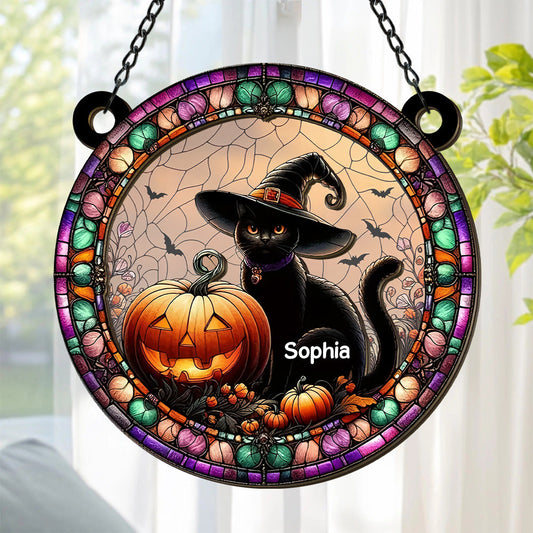 Black Cat And Pumpkin - Personalized Window Hanging Suncatcher
