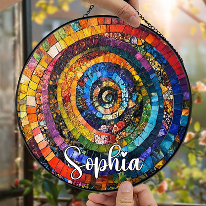 Vibrant Rainbow Spiral - Personalized Stained Glass Hanging Suncatcher