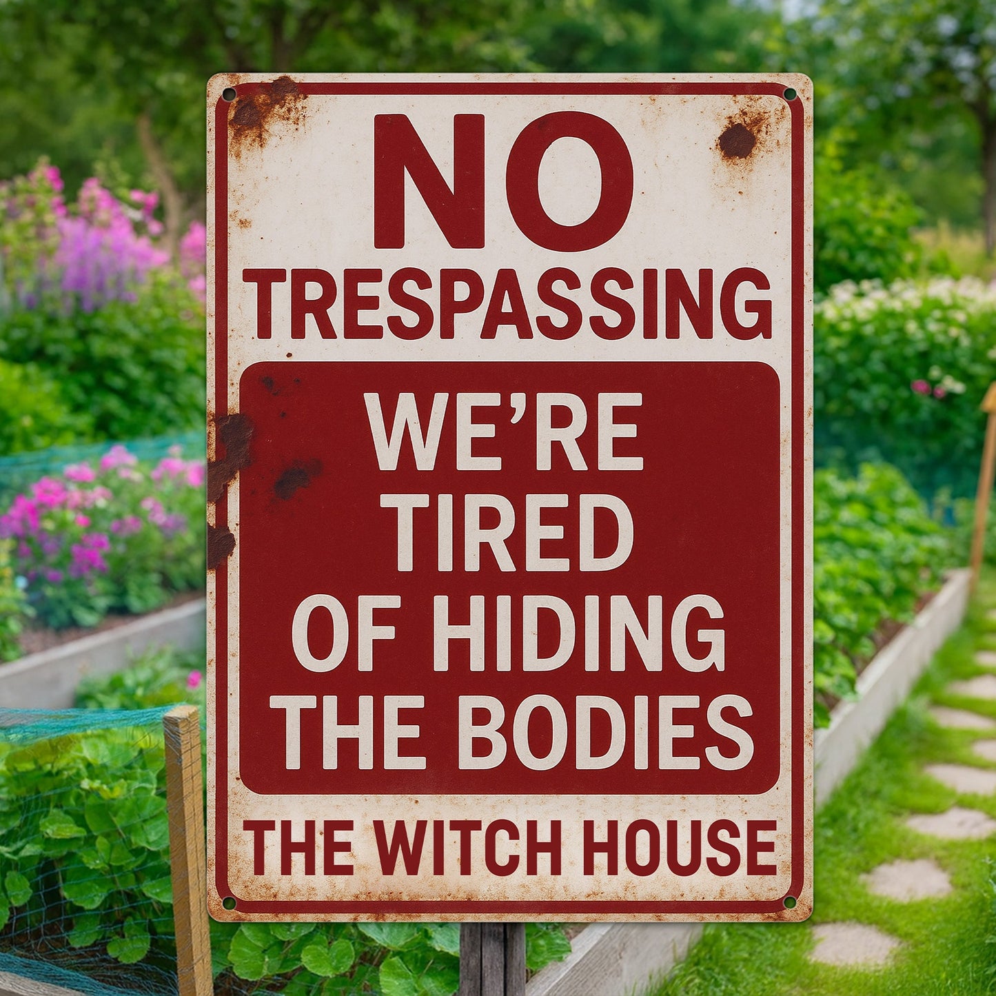 No Trespassing, We're Tired Of Hiding The Bodies - Personalized Metal Sign