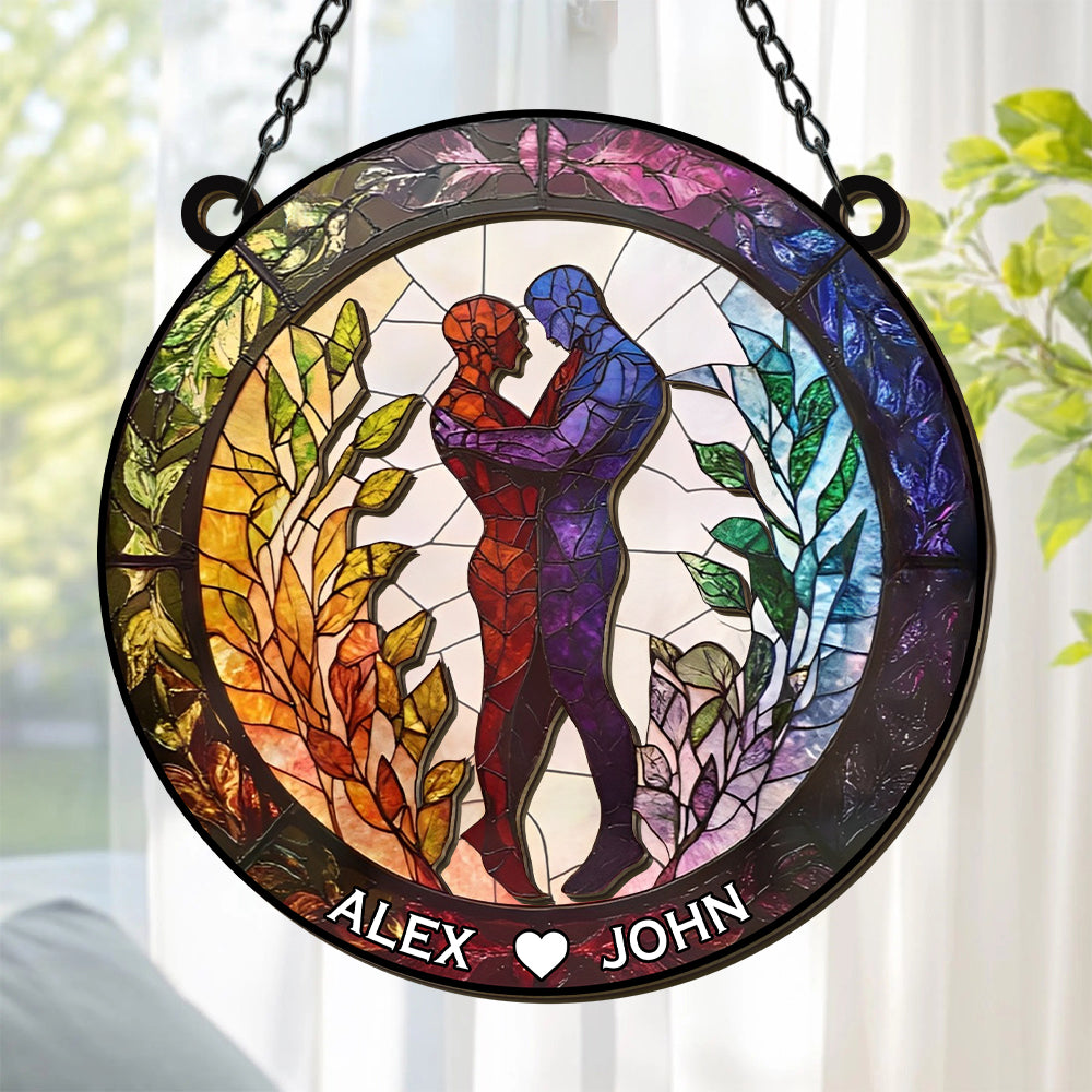 Attractive Strong Gay, Two Males Holding Hands - Gift For You And Your Couple - Personalized Window Hanging Suncatcher Ornament