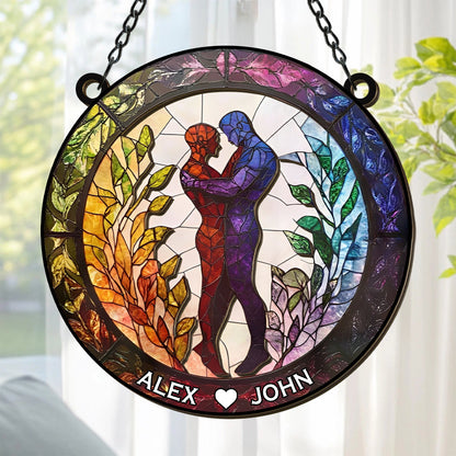 Attractive Strong Gay, Two Males Holding Hands - Gift For You And Your Couple - Personalized Window Hanging Suncatcher Ornament