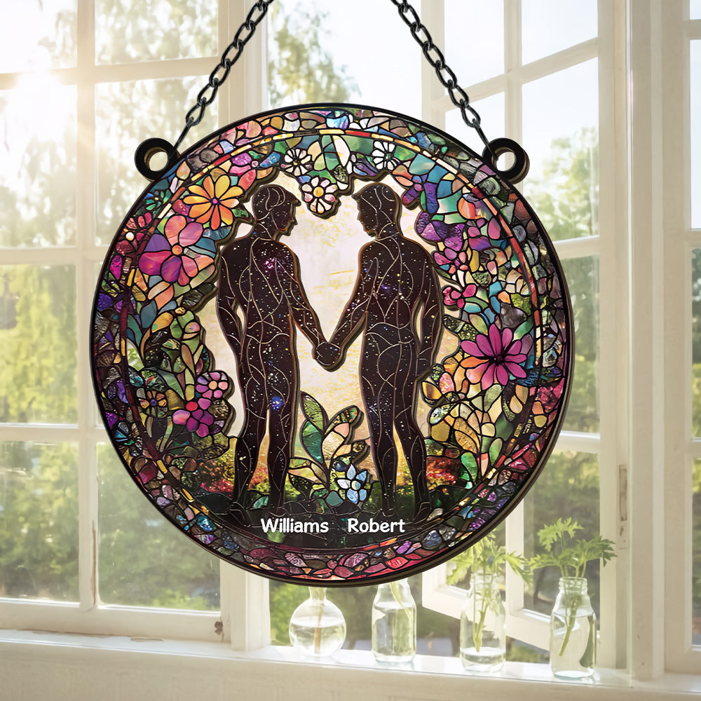 Attractive Strong Gay, Holding Hands - Personalized Window Hanging Suncatcher Ornament