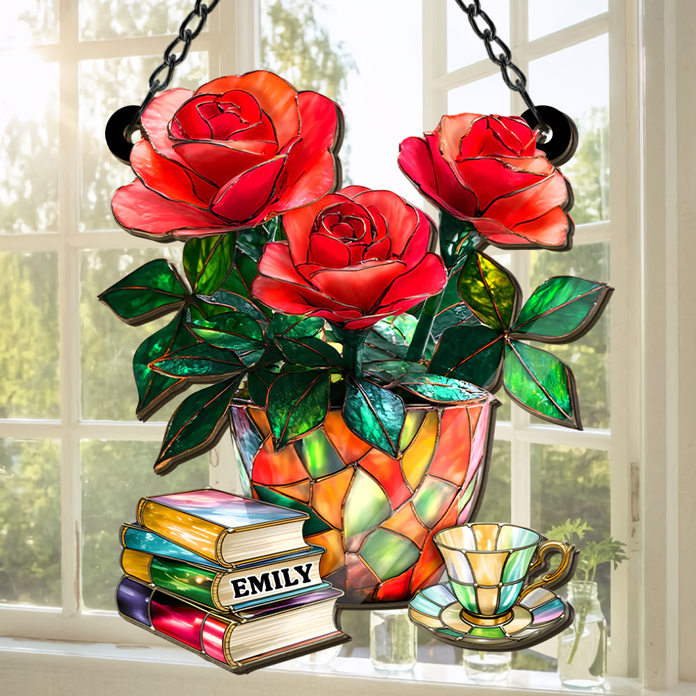 Rose, Book And Tea - Personalized Window Hanging Suncatcher