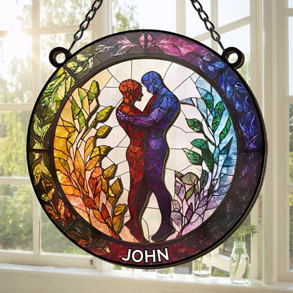 Attractive Strong Gay, Two Males Holding Hands - Personalized Window Hanging Suncatcher Ornament