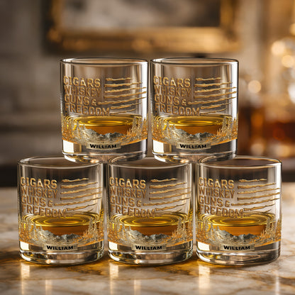 Cigars, Whiskey, Guns & Freedom - Gift For Family Members, Friends, Coworkers - Personalized Combo Whiskey Glass + Decanter