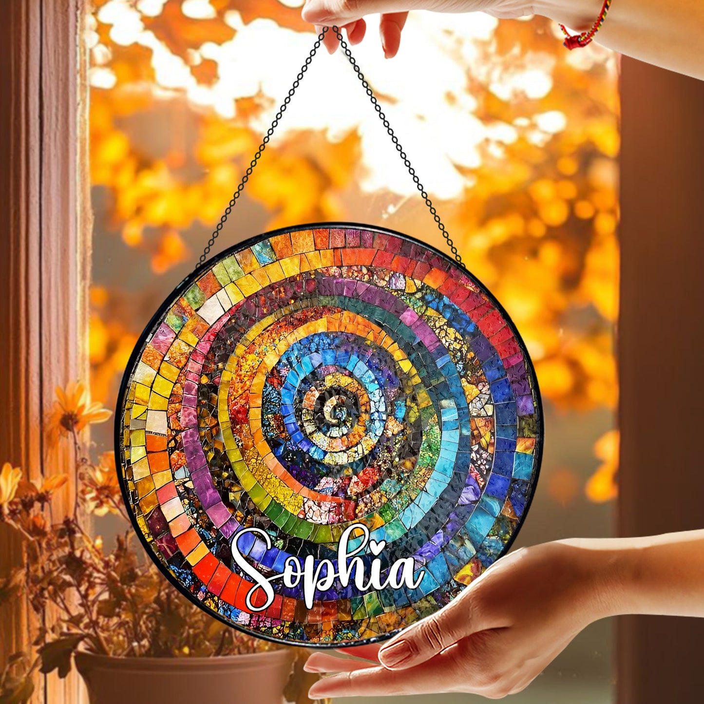 Vibrant Rainbow Spiral - Personalized Stained Glass Hanging Suncatcher